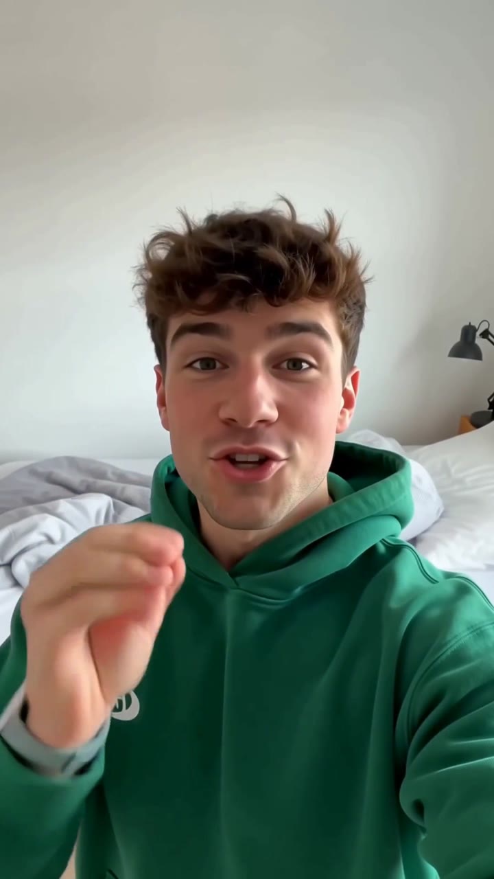 A young man in a green hoodie talks to camera in his bedroom