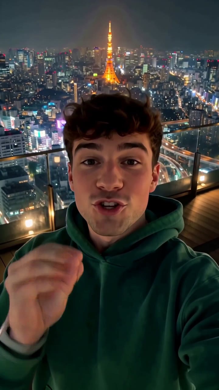 The same take in front of the Tokyo skyline at night