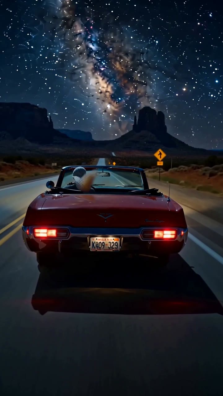 The same drive at night under the Milky Way