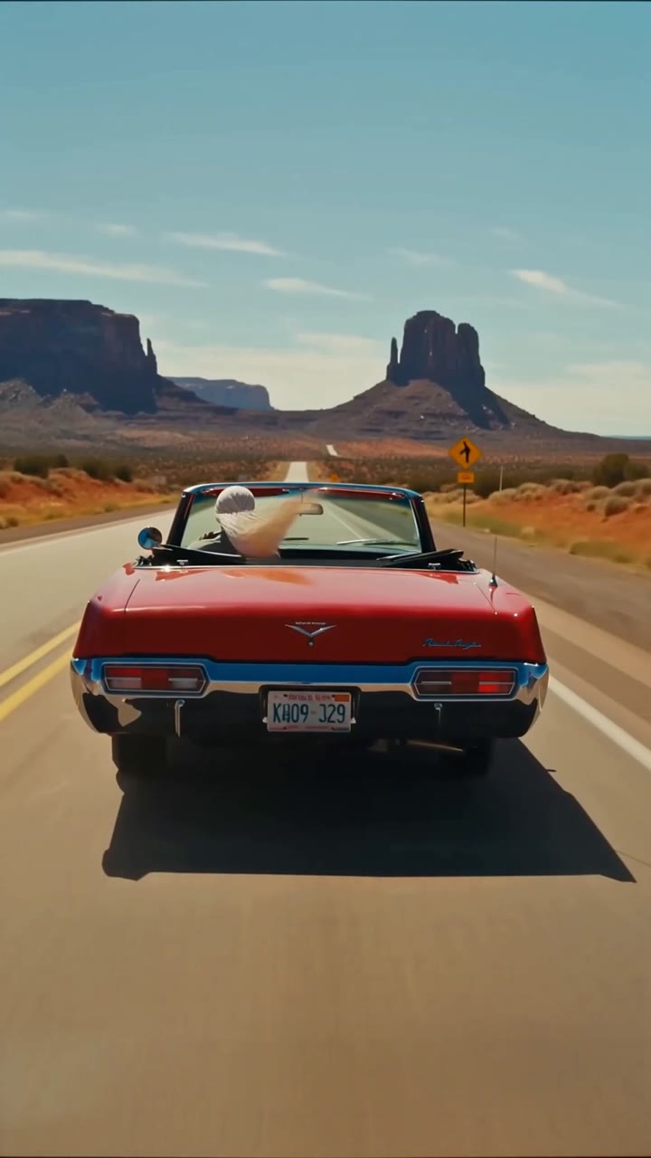 A red convertible on a desert highway at golden hour
