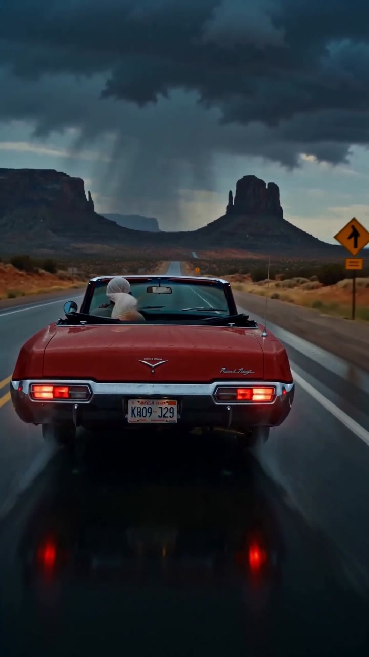 Lightning forks over the buttes as the car drives on