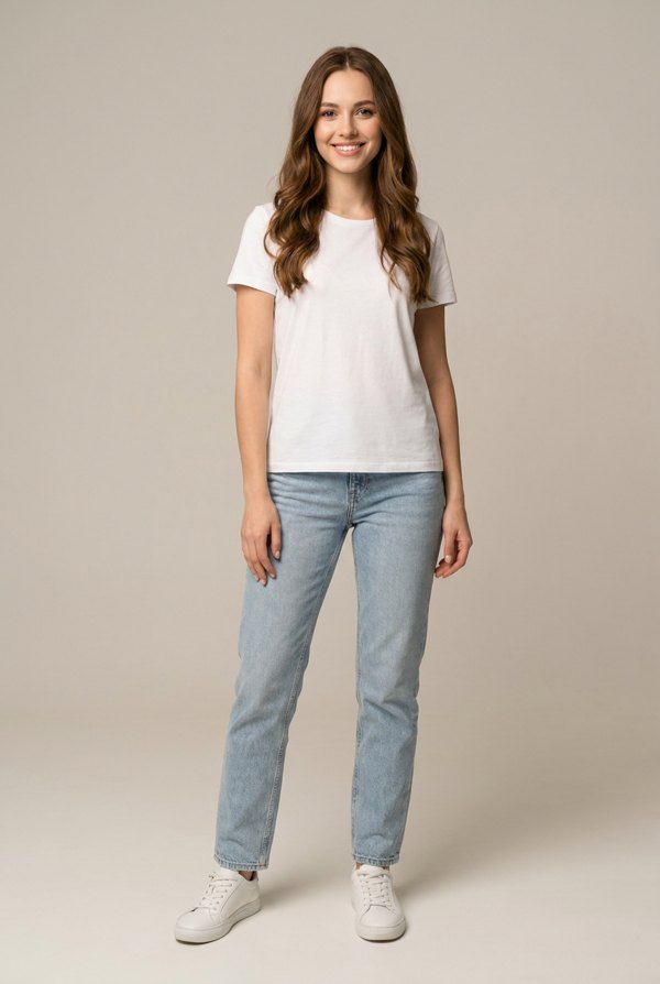 Before: a young woman in a white T-shirt and light jeans
